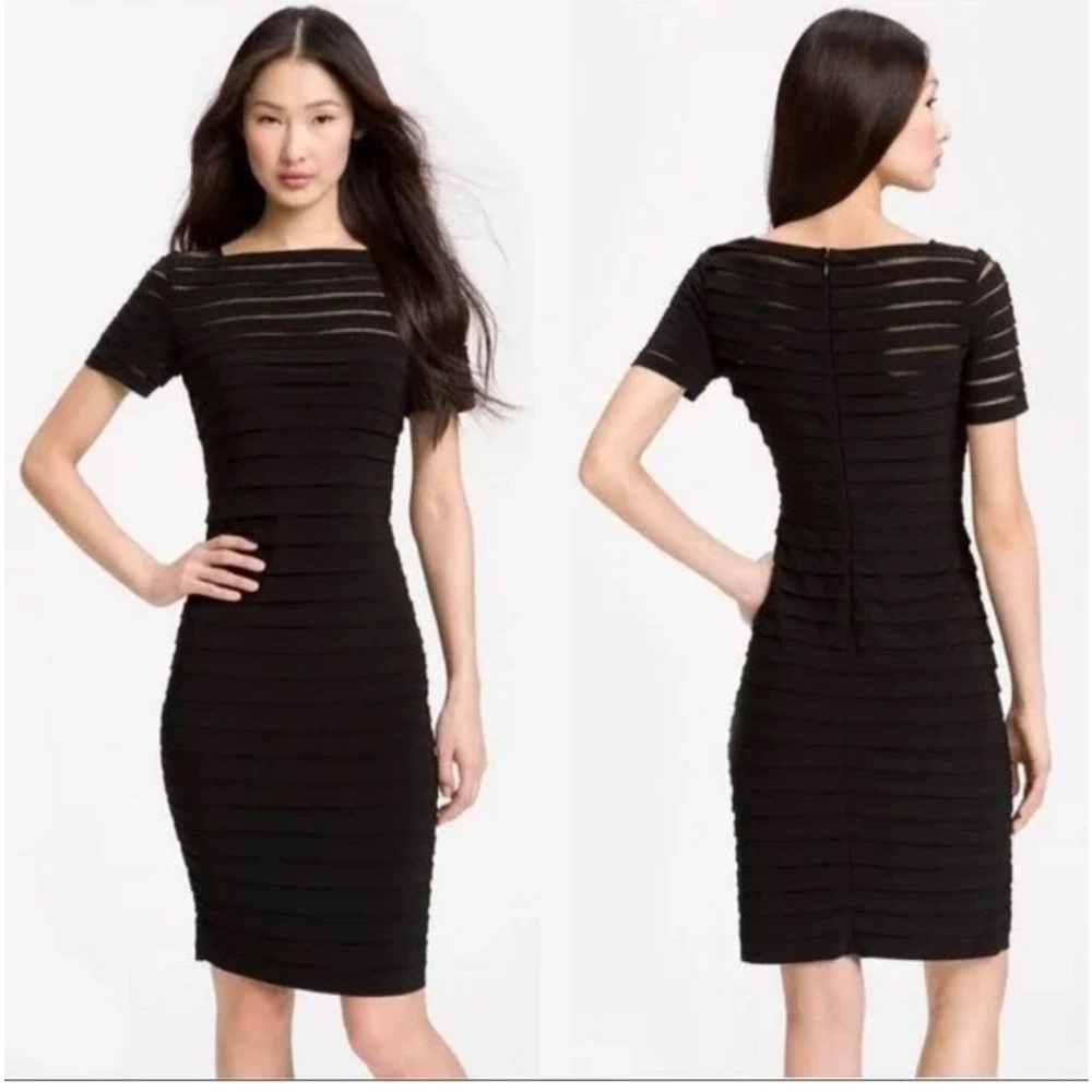 Adrianna Papell Black Sheath Cocktail Dress Illusion Neck Wedding Guest Stretch